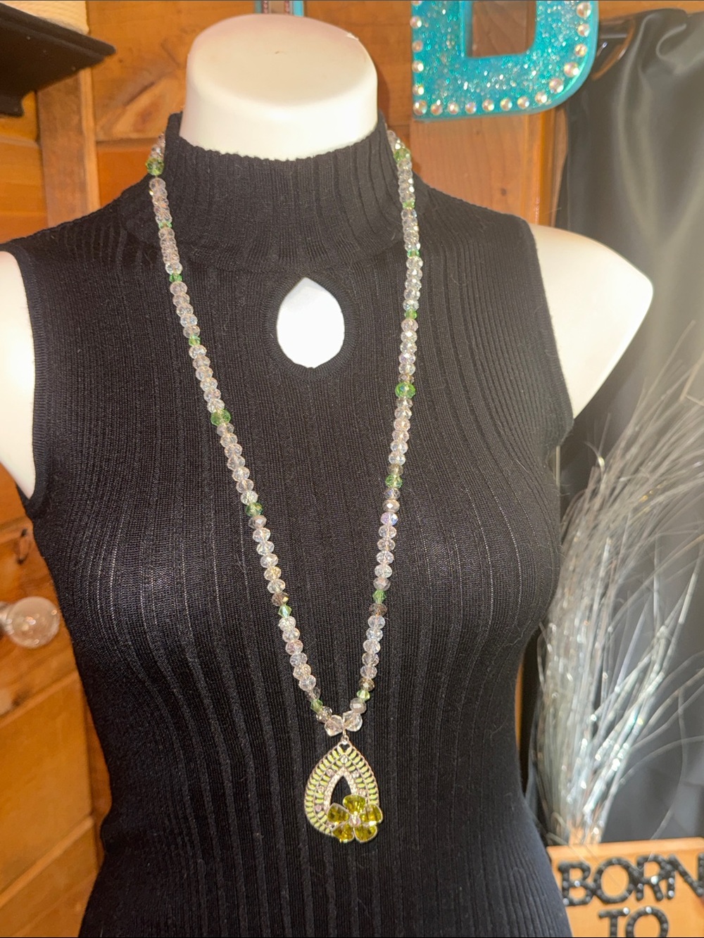 Crystal Bead Necklace with Green Teardrop Pendant